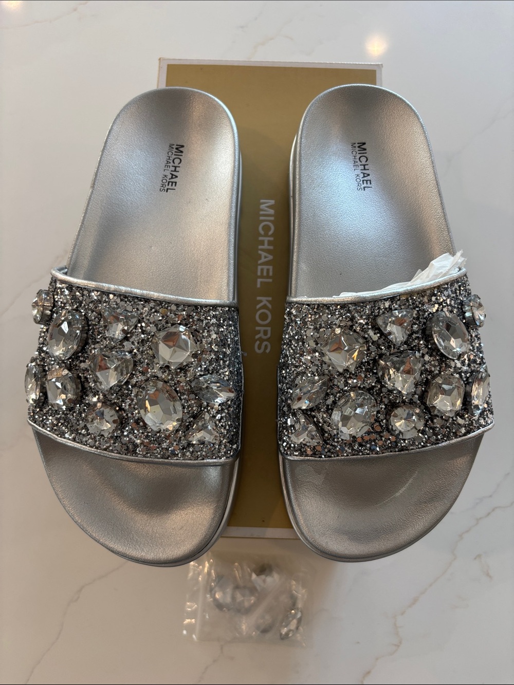 Michael Kors Silver Crystal Embellished Slide Sandals